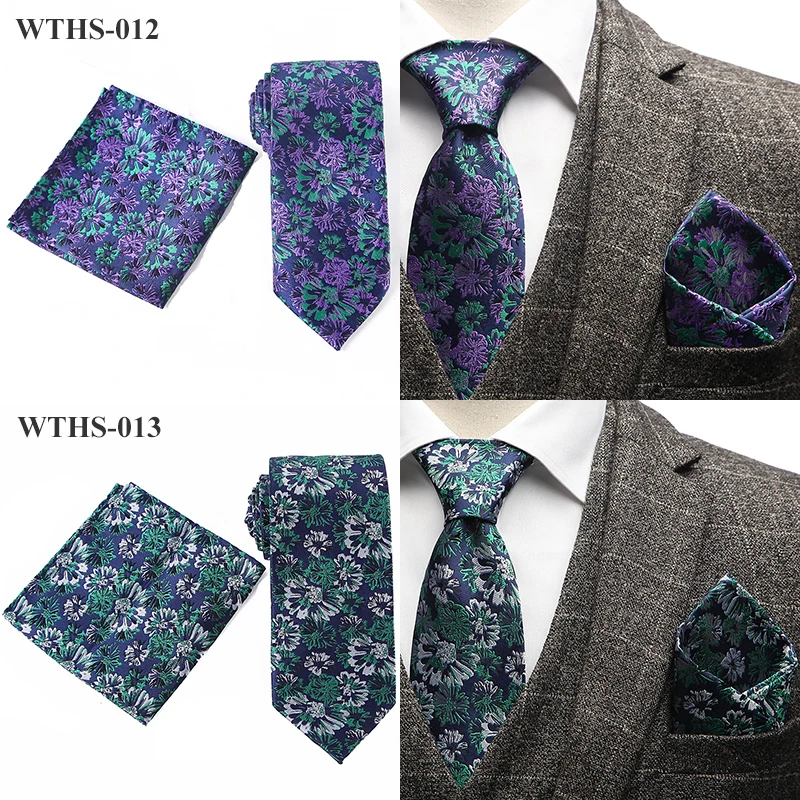 Tailor Smith Necktie and Hankerchief Set Dot Animal Wolf Shark Floral Tie Set 7.5CM Microfiber Woven Suit Tie with Pocket Square