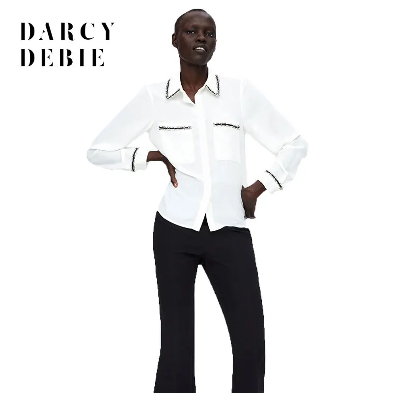 Darcydebie осенние женские модные повседневные Лоскутные блузки с отложным