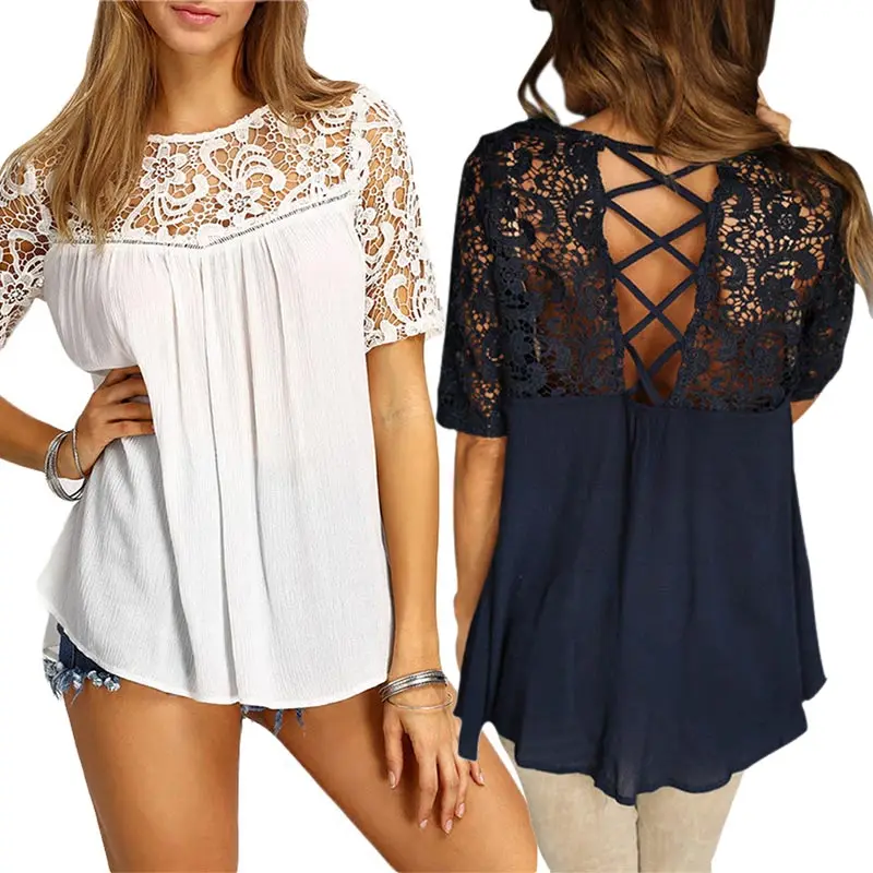 Elegant Women Lace Crochet Splice Blouse O Neck Short Sleeve Sexy Hollow Out Back Casual Loose Tops New | Женская одежда