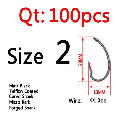 Size 2 100pcs ICERIO 100 шт. матовый черный с тефлоновым покрытием иглы острые кривые карп рыболовные крючки Gnippen всплывающие крючок для ловли карпа - Цвет: Size 2 100pcs
