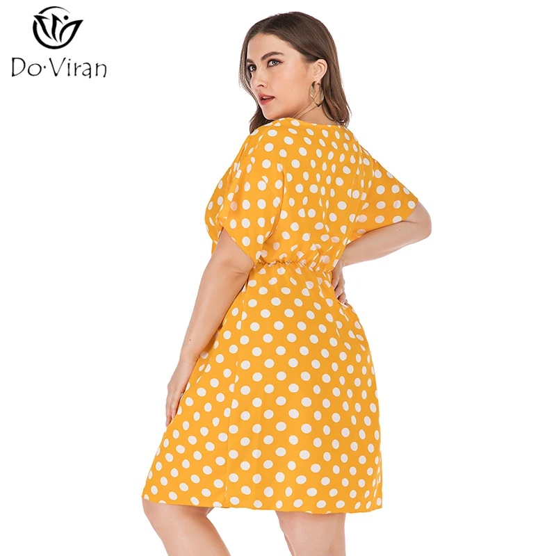 Летнее женское платье плюс размер с v образным вырезом желтая точка ретро Макси
