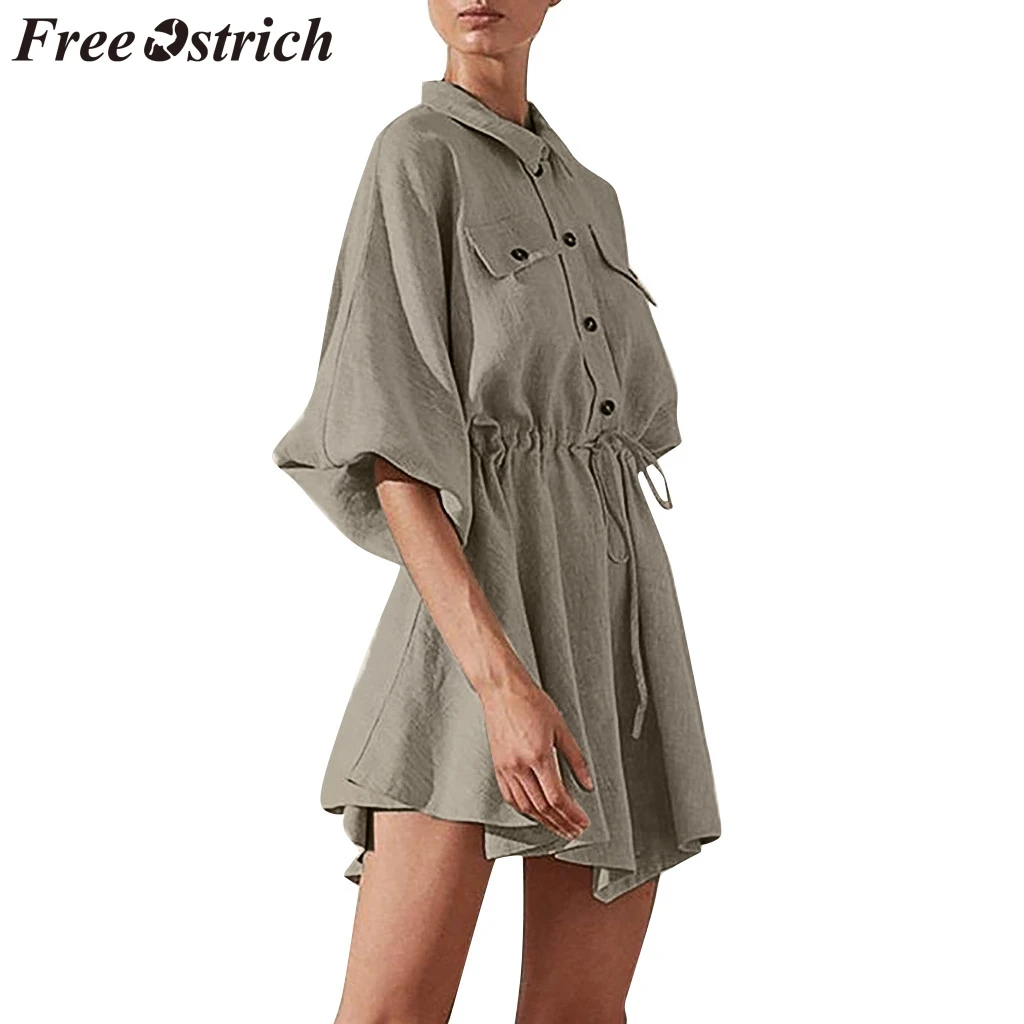 Мини платье женское летнее однотонное на пуговицах с длинным рукавом|Женские