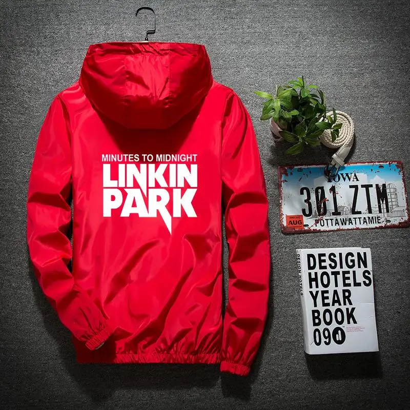 Брендовая весенняя и осенняя куртка ветровка printLINKIN для мужчин и женщин jaqueta masculina полосатая куртка для колледжа - Цвет: Красный