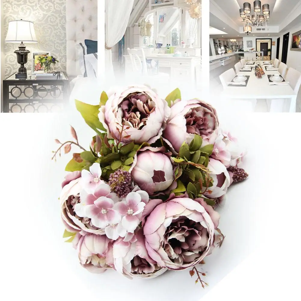 10 головы Искусственные цветы яркий пион поддельные Листья Свадебные украшения