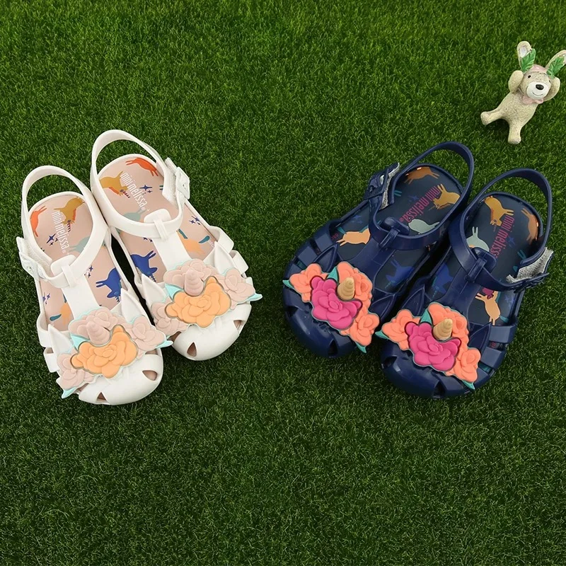 Mini Melissa/ оригинальные брендовые прозрачные сандалии с единорогом и цветами для девочек; римские сандалии для девочек; нескользящие сандалии Melissa для малышей