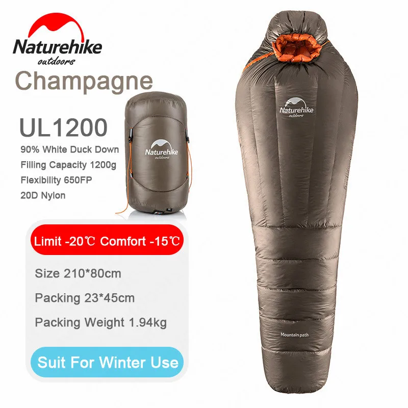 UL 1200 Champagne Naturehike спальный мешок на утином пуху, зимний спальный мешок для кемпинга, сверхлегкий спальный мешок, сохраняющий тепло, туристическое снаряжение для взрослых, NH17U120-L - Цвет: UL 1200 Champagne