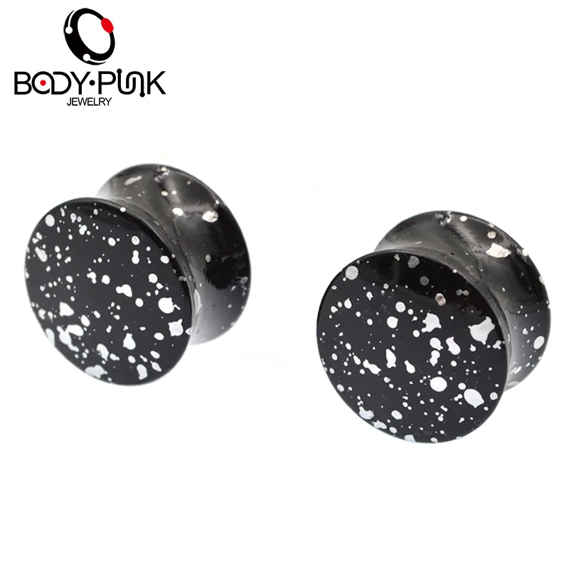 

BODY PUNK Acrylic Double Flared Black With White Dots Flesh Tunnel Ear Plugs Gauges 8-16mm Ear Expander Piercings