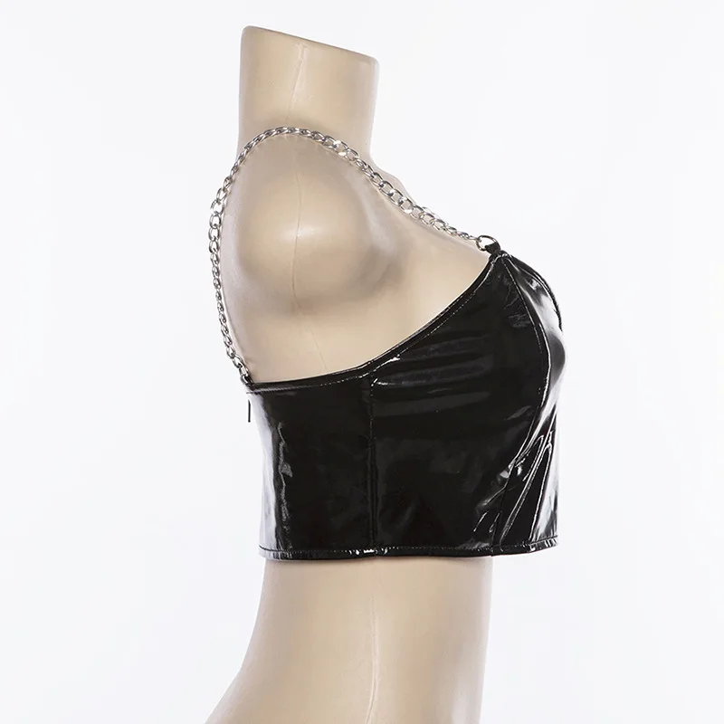 Модные женские туфли Черный Яркий ПУ кожа Растениеводство Топ Bralette v-образным вырезом ремешок-цепочка спинки Тонкий клуб вечерние пикантные майка