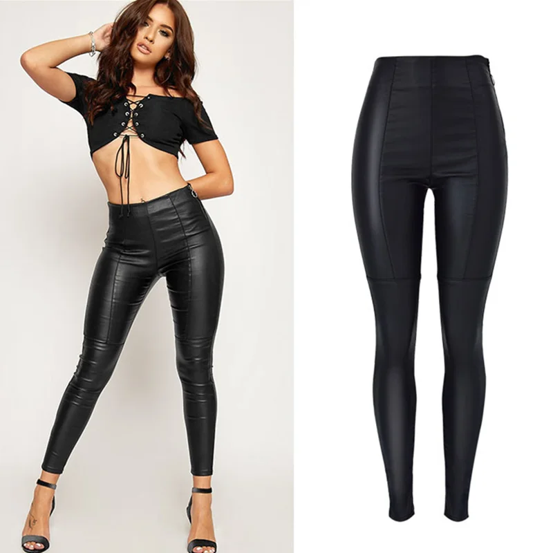 

Pu Leather Pants WomenFaux Leather Womens Pants High Waist Moto&Biker Pencil Trousers 2019 Black