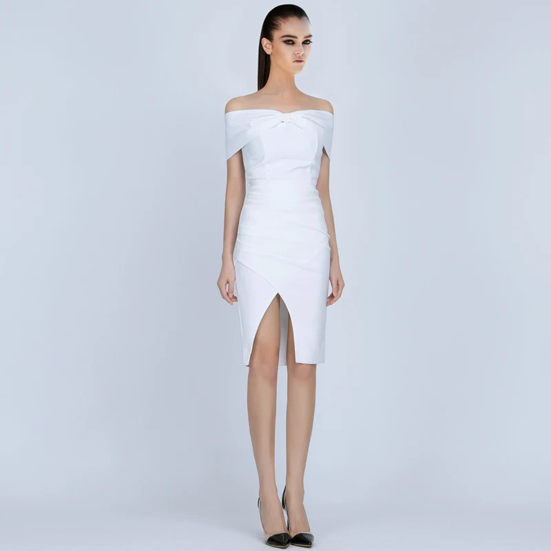 Женское облегающее платье с открытыми плечами INDRESSME однотонное коротким рукавом