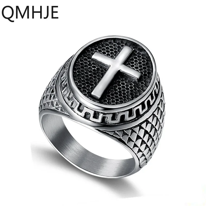 QMHJE, овальные мужские кольца-печатки из нержавеющей стали с крестом, кольцо в стиле хип-хоп, мужские ювелирные изделия серебряного цвета, готический панк классический винтажный DCR010