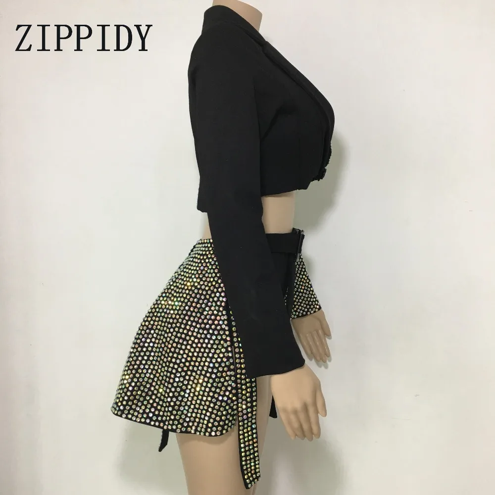Модный Блестящий Блейзер AB Стразы юбка комплект одежды из 2 предметов женский