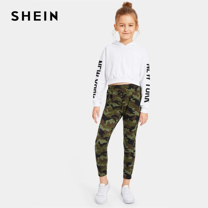 SHEIN Kiddie эластичный пояс камуфляж печати повседневные штаны для девочек мода уличная прямые брюки девушка леггинсы Дети брюки