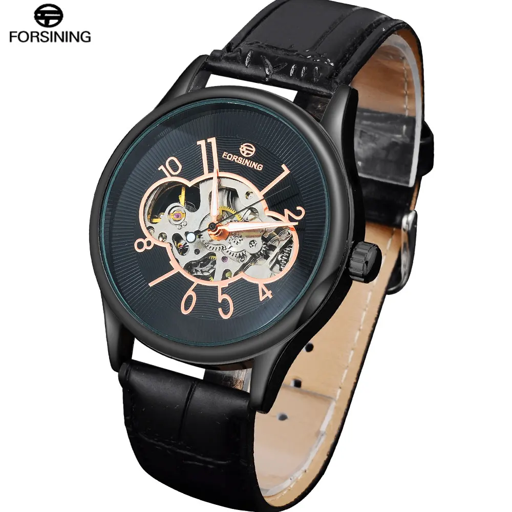FORSINING 2017 мужские модные повседневные часы механические с ручным заводом черные