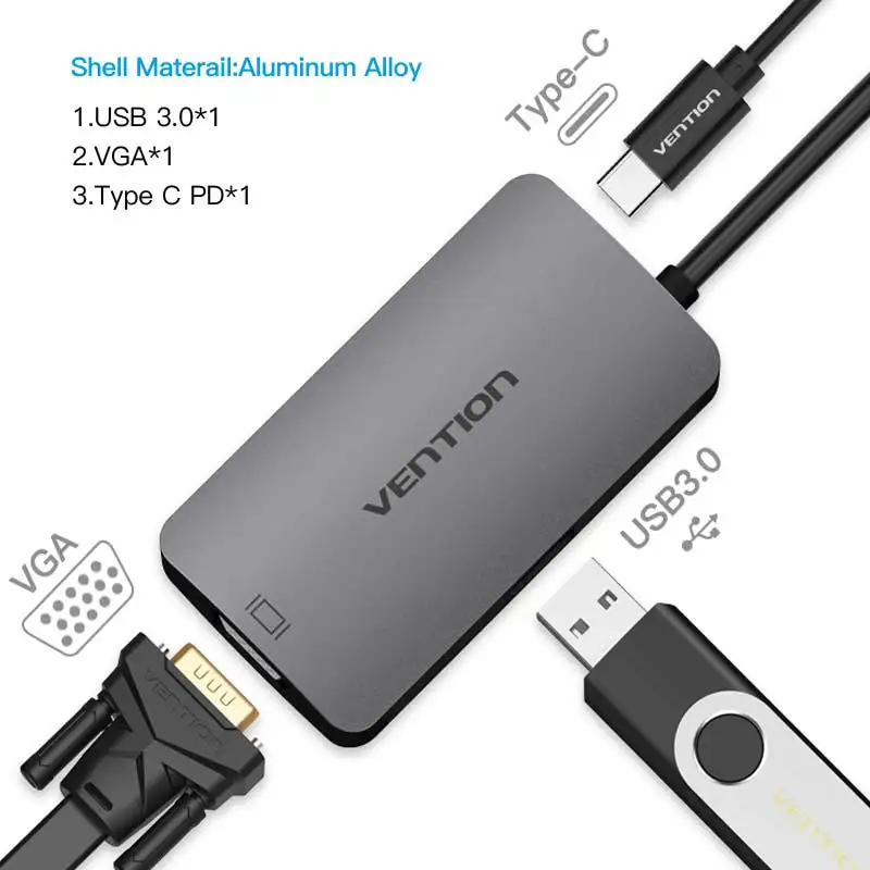 Vention USB C концентратор USB-C HDMI type C PD 3 USB 3,0 разветвитель адаптер для MacBook samsung Galaxy S9/S8/S8+ mate 10 концентратор USB type C - Цвет: 3 in 1 VGA
