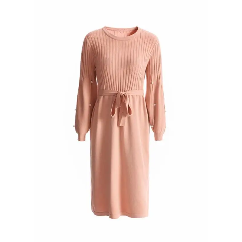 

Autumn&winter women's new OL O-neck long waist pullover long-sleeved knit dress rabbit hair lantern sleeve bead design sweater