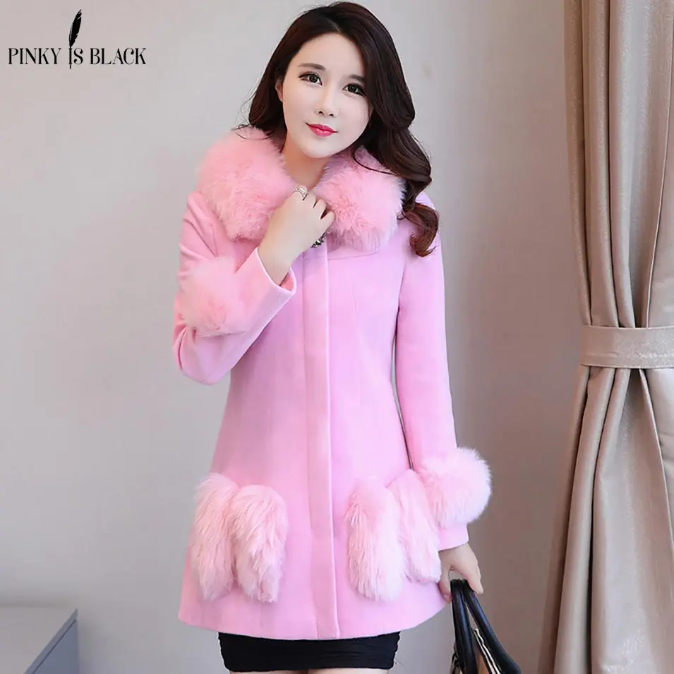 Розовый Pinky Is Black, новинка, Зимняя коллекция, шерстяное пальто для женщин, Модный меховой воротник, Длинная женская шерстяная комбинированная куртка, Женская горячая распродажа - Цвет: Розовый