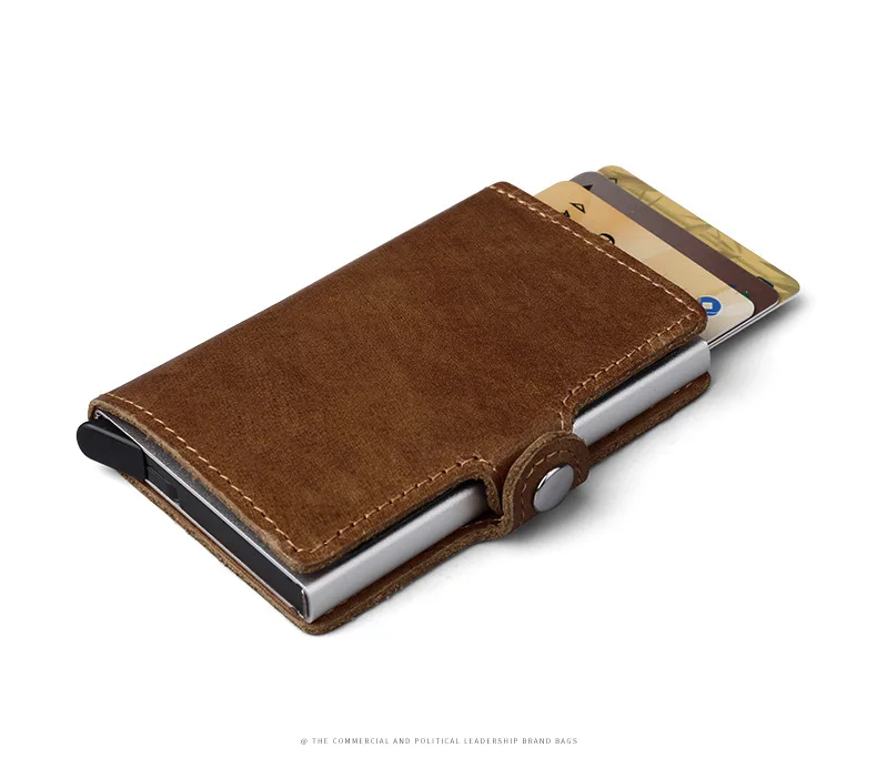 Genuine Leather Men Aluminum Wallet Back Pocket ID Card holder RFID Blocking Mini Magic Wallet Automatic Credit Card Coin Purse