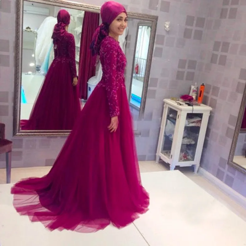 

Muslim Evening Dress Long Sleeves vestidos largos 2020 Lace Beaded Islamic Dubai Lebanon Elegant Long Evening Gown