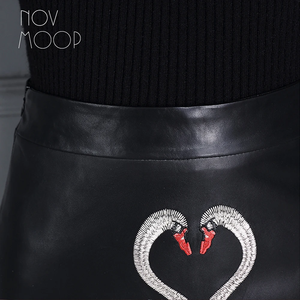 Swan embroidery black genuine leather real lambskin high waist mini A-Line skirts jupe femme Faldas mujer etek clothes LT2047 | Женская