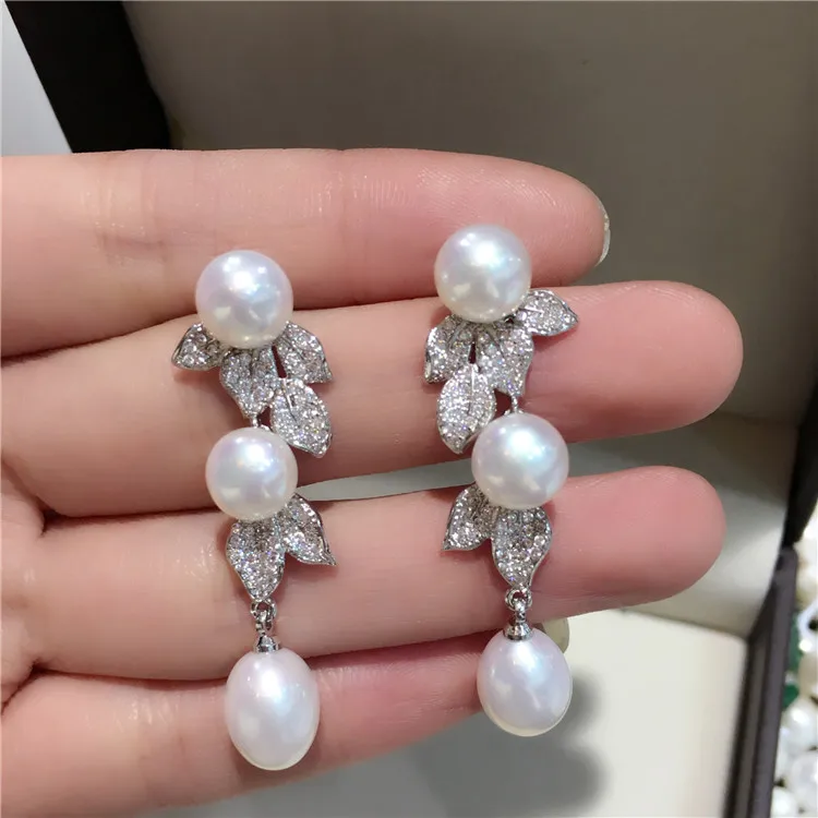 Серьги подвески с натуральным пресноводным жемчугом|drop earrings|drop leaf earringsleaf drop earring |