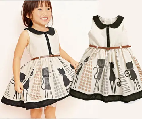 Baby Girls Kleding Cute Casual Sleeveless Color Cat Cartoon Print Dress Peter Pan Collar Kids Clothes | Детская одежда и обувь