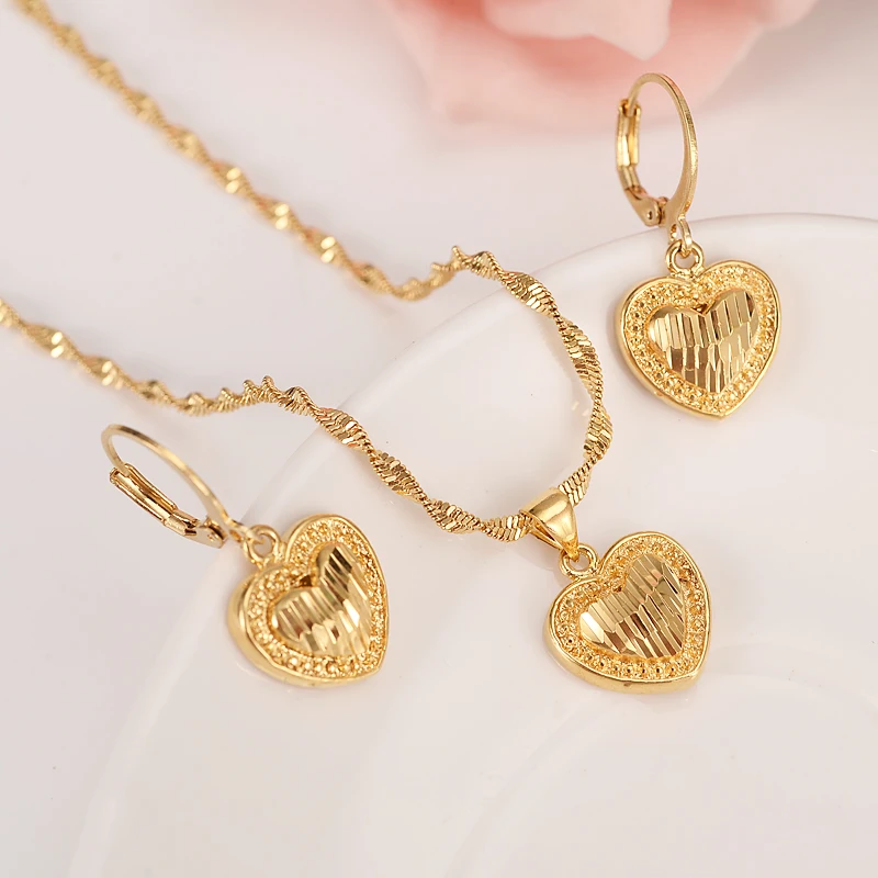 

14 k Solid gold GF Necklace Earring Set Women Party Gift Dubai love heart crown Jewelry Sets bridal party gift DIY charms girls