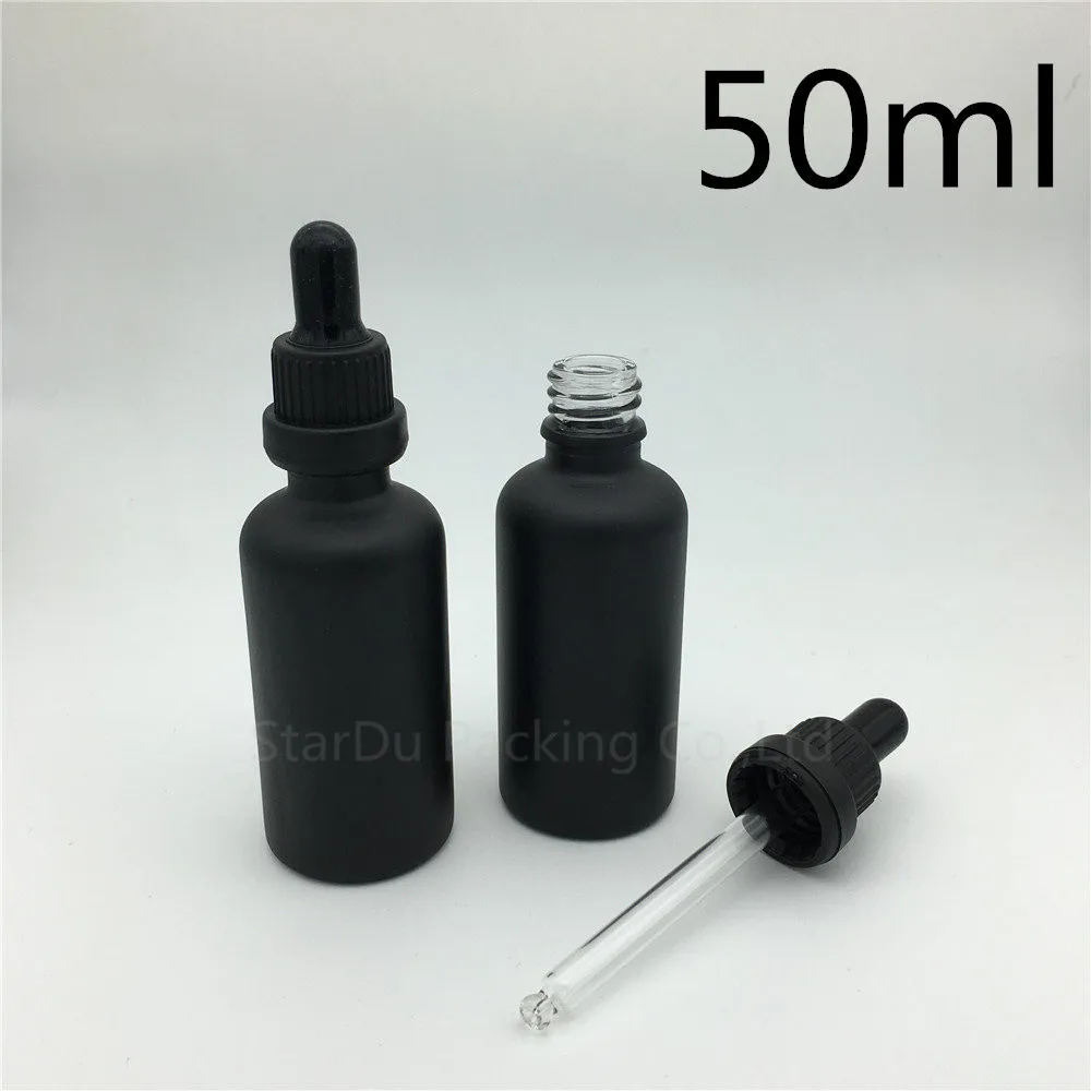 

Free shipping 500pcs 50ml black frosted glass essential oil bottle with black tamper evident ring dropper glass perfume bottle