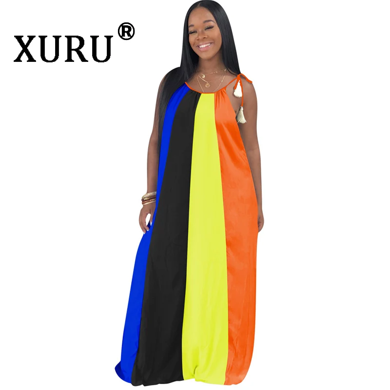 

XURU New Loose Contrast Sexy Dress Hot Summer Large Size Women's Dress Bohemian Sling Long Dress