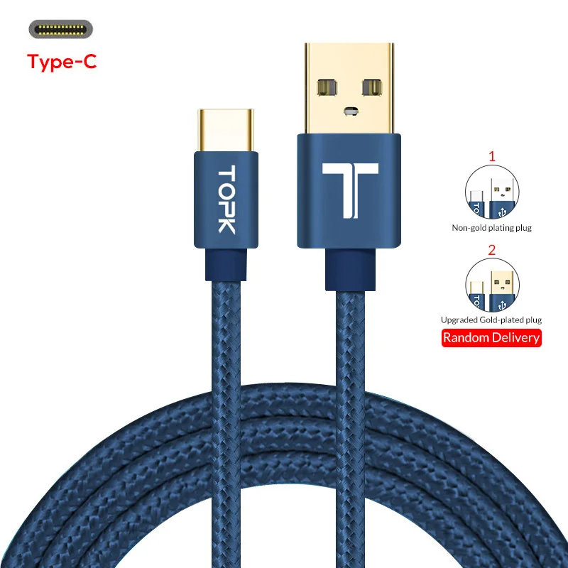 TOPK usb type C кабель Мягкий Нейлоновый Плетеный синхронизация данных Зарядка тип-c кабель для samsung Xiaomi huawei OnePlus USB-C - Цвет: Синий