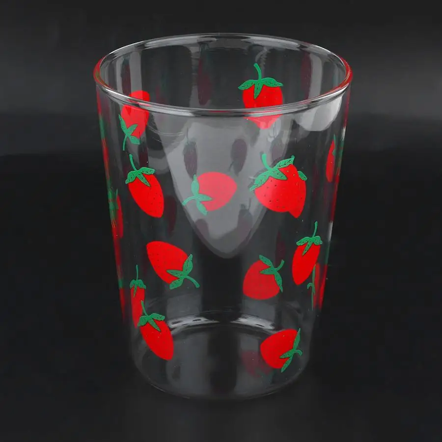 300ml Heat-Resisting Clear Lovely Strawberry Pattern Coffee Juice Drinking Water Glass Cup with Straw Lid