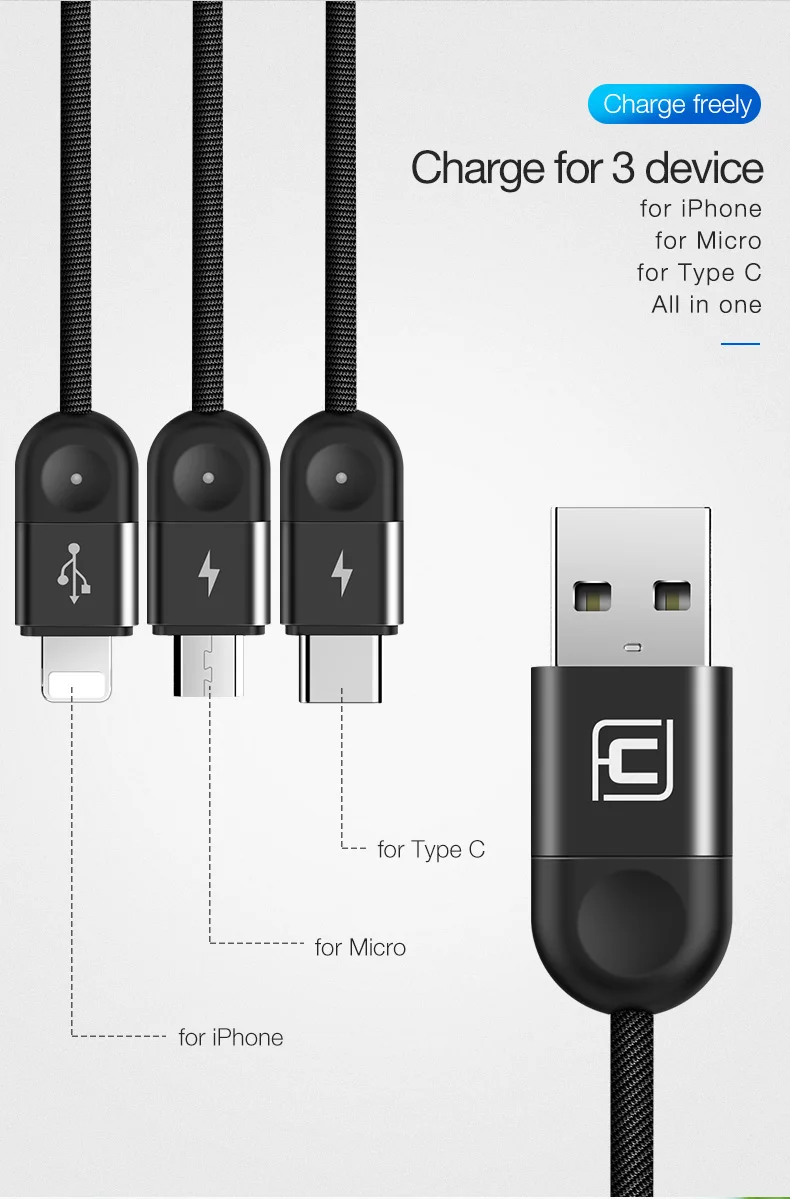 Cafele 3в1 светодиодный usb-кабель для iPhone Micro USB type C нейлоновый Плетеный usb-кабель для iPhone huawei Xiaomi Быстрая зарядка