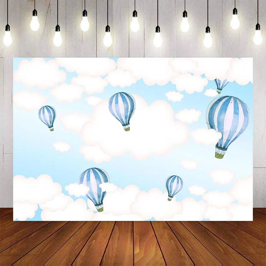 

Photography Backdrop Hot Air Balloon Blue Sky White Clouds Custom Birthday Party Background Photo Studio Photocall Photobooth
