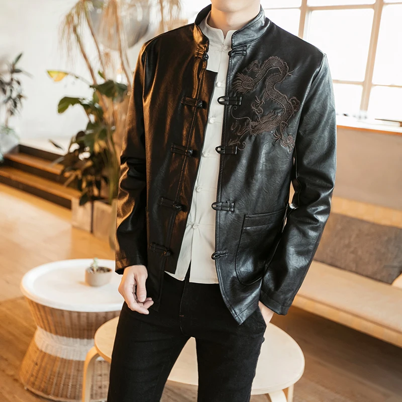 2019 осень зима китайский стиль Вышитые Slim fit Кожаные куртки коричневый и черный