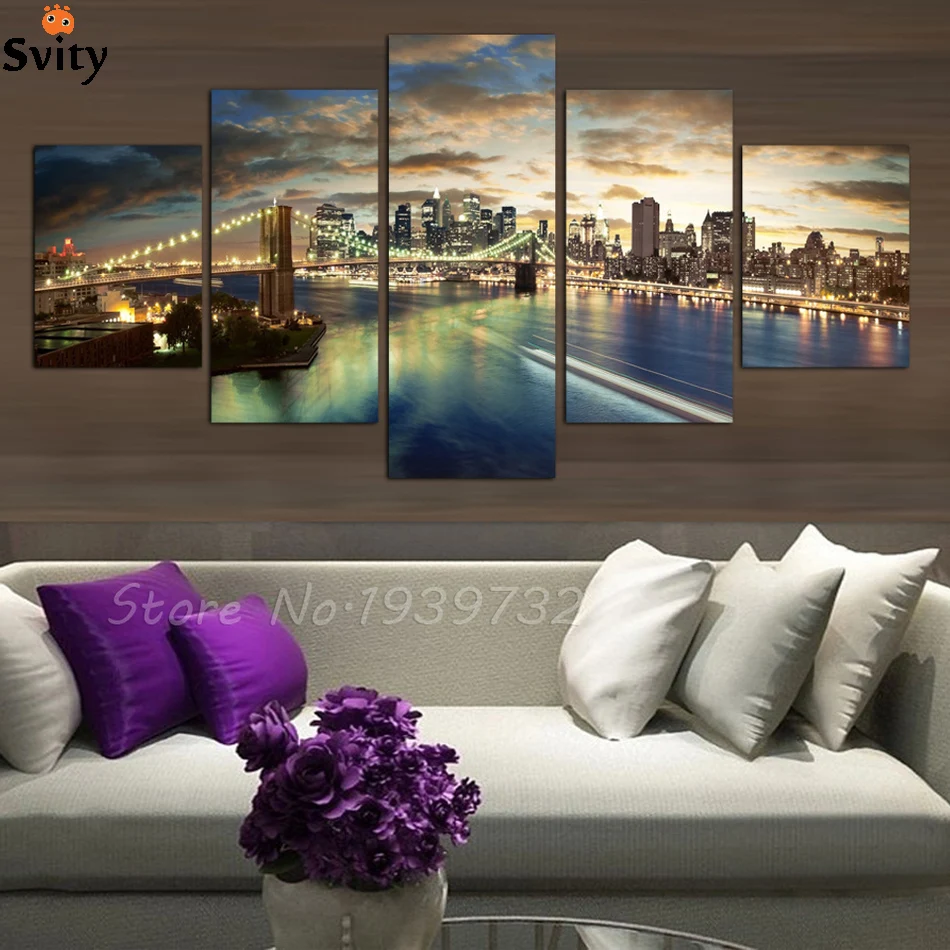 

Free shopping 5 Panels high quality Home Decor Wall Art Painting of New York at night Artwork Custom Sale--Modern City Pictures