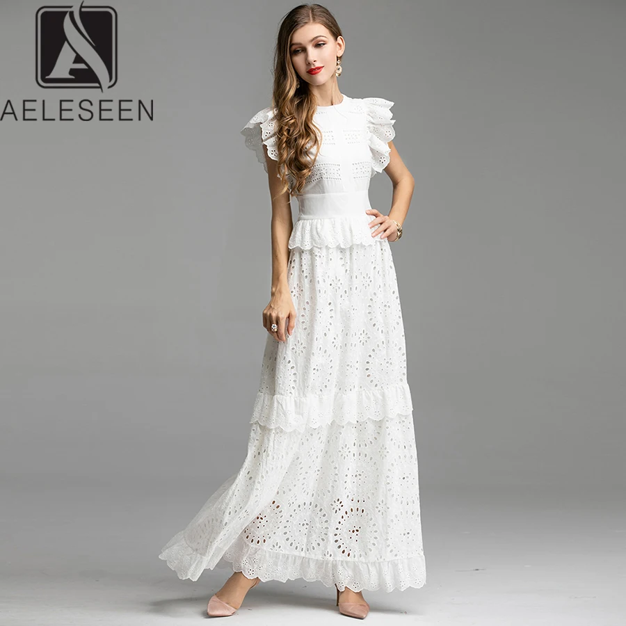 AELESEEN, длинное белое платье,, модное, элегантное, роскошное, с оборками, с рукавами, с вышивкой, на шнуровке, тонкое, вечерние, роскошное, макси платье для женщин