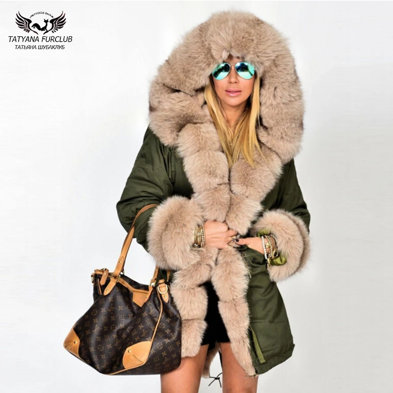 Tatyana Furblue Fox Fur Collar Parka Real Fur Women's Parkas 80cm Winter Warm Coat 2022 Natural Fur Jacket Long Fox Fur Parka