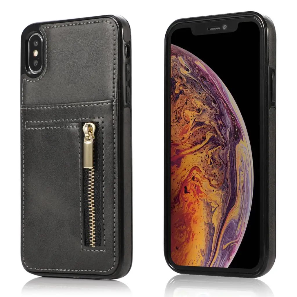 Черный Чехол для iPhone X XS Max XR 8 7 6S Plus кожаный бумажник чехол с отделением для кредитных держатель для карт слот бумажник с застежкой-молнией Карманный Кошелек Чехол Крышка - Цвет: Черный