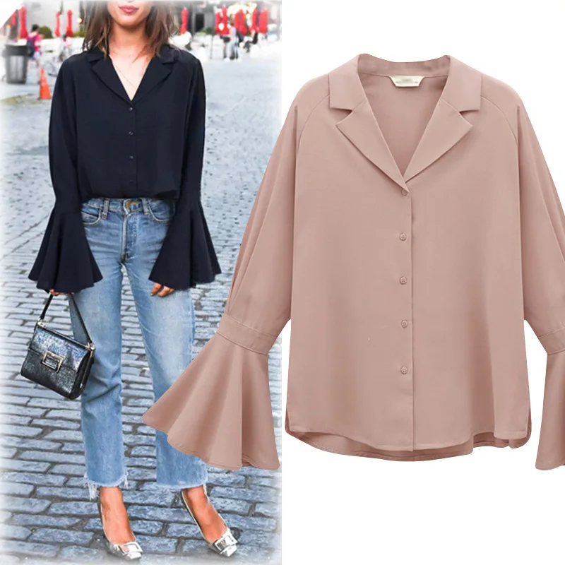 Женская шифоновая блузка свободная Однотонная рубашка с отложным воротником и
