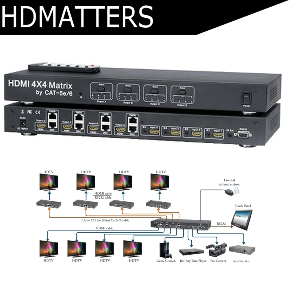 HDMI UTP 4x4 матричный hdmi переключатель разветвитель по cat5e/cat6 кабель до 130 футов с 4 HDMI приемниками в комплекте
