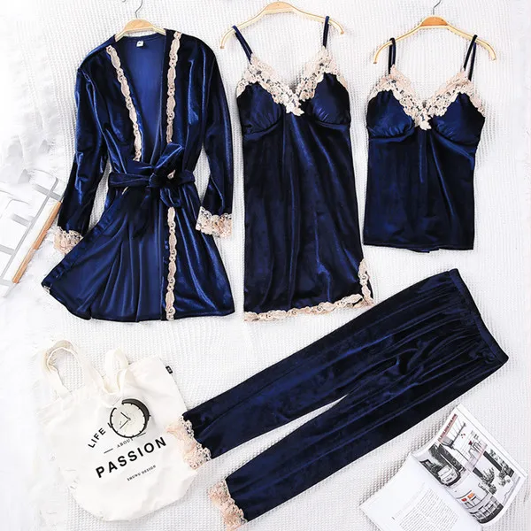 Navy blue Осень, золотые бархатные теплые пижамы из 4 предметов, женские сексуальные кружевные пижамы, зимняя одежда для сна без рукавов, весенняя одежда - Цвет: Navy blue
