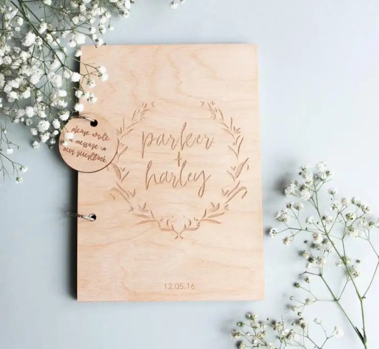 personalized Rustic wedding engraved floral wreath Wooden memory guestbooks Wooden photo Albums signature Wood Guest Books