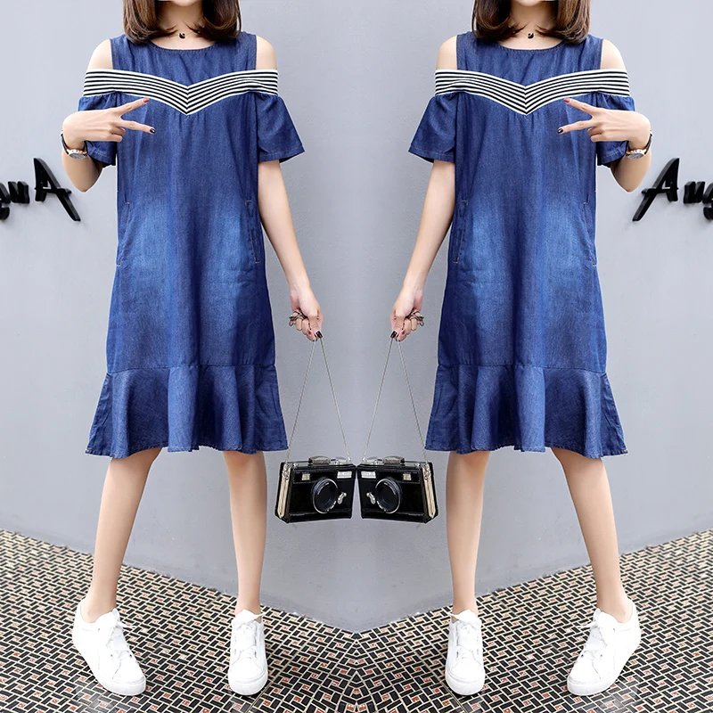 2018 летние джинсовые свободные женские платья с круглым вырезом в стиле русалка