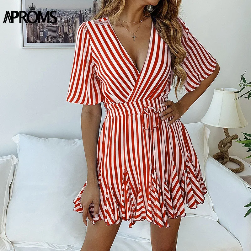 Красный Aproms, винтажное Полосатое короткое летнее платье, женское сексуальное Плиссированное повседневное уличное платье с v-образным вырезом и рюшами, женские платья, Vestidos Festa - Цвет: Красный