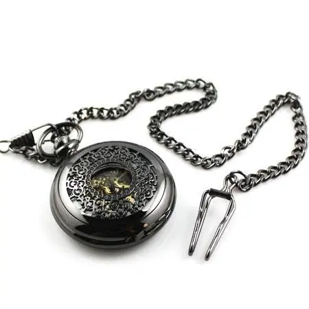 Мужские черные скелетоны античный белый циферблат полые механические карманные