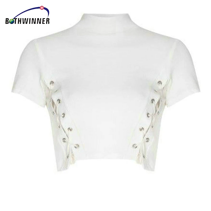 Женский короткий топ на шнуровке Bothwinner черный сексуальный с коротким рукавом