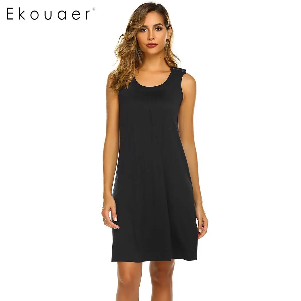 Black Ekouaer, женское летнее Ночное платье, ночная рубашка с круглым вырезом, без рукавов, для грудного вскармливания, ночная рубашка, домашняя одежда - Цвет: Black