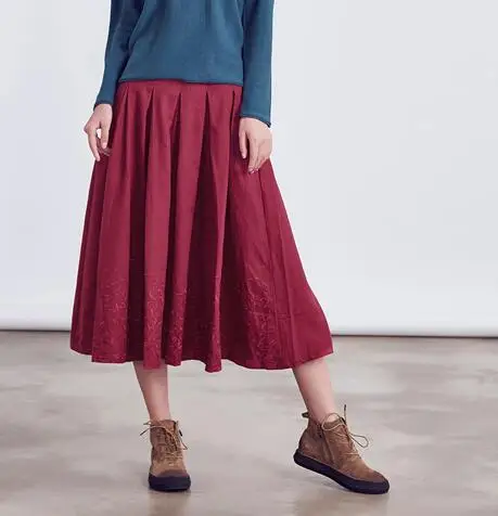 Новая мода весна синий красный хлопок лен смесь А силуэта юбки для женщин плюс