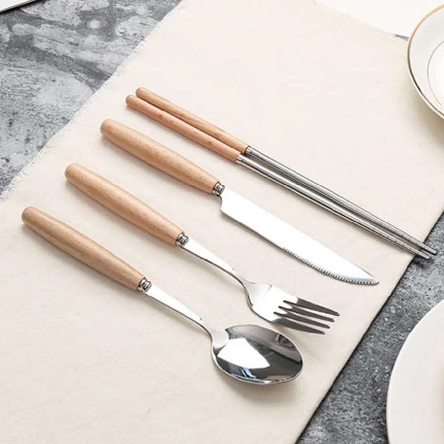 Fruit Fork Wooden Cutlery Set Stainless Steel Table Knife With Handle Cuberteria Acero Inoxidable Kitchen 40KO611 | Дом и сад