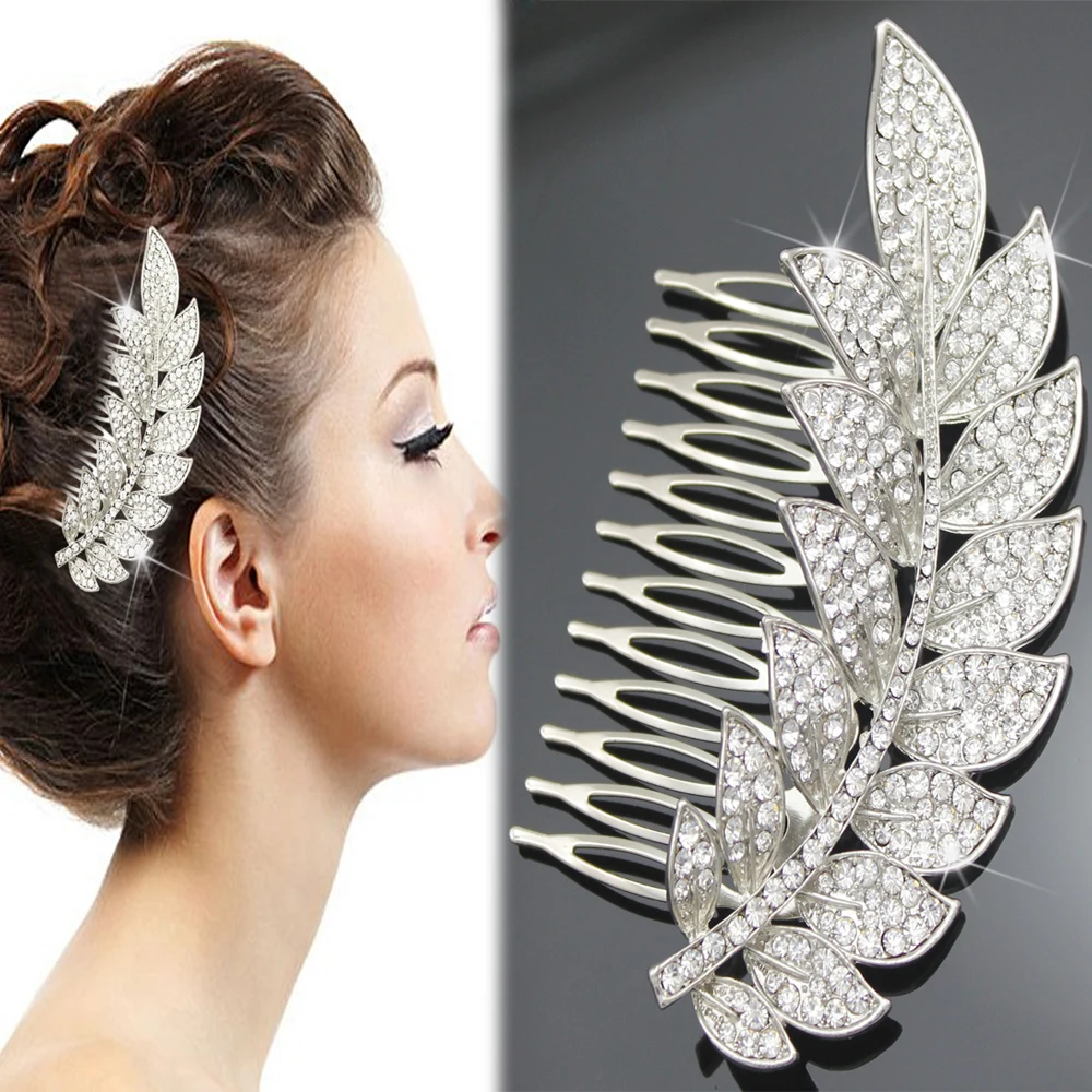 Свадебная заколка для волос со стразами инкрустированная оливковыми листьями